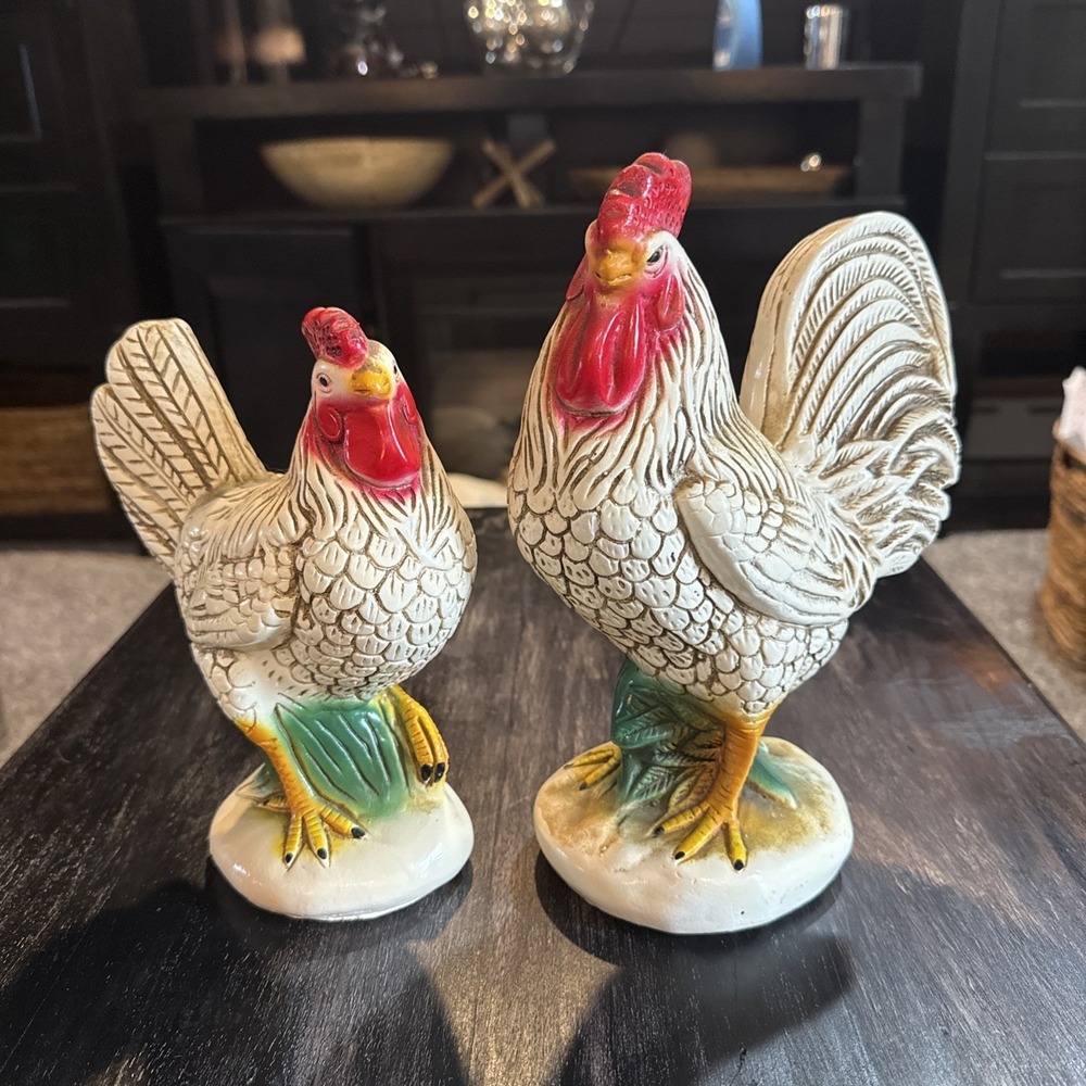 VINTAGE CHALKWARE CHALK Chicken ROOSTER Set Of 2 Large COIN PIGGY BANK Mexico